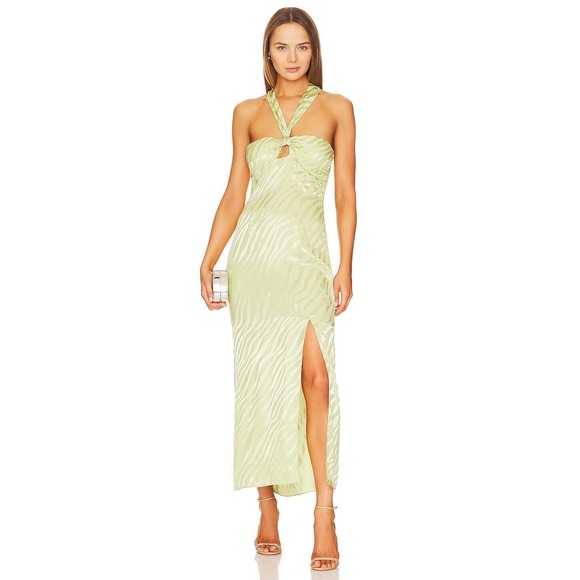 SAYLOR Dresses & Skirts - Saylor Connor Sage Green Zebra Jacquard Halter Midi Dress Side Slit Size S